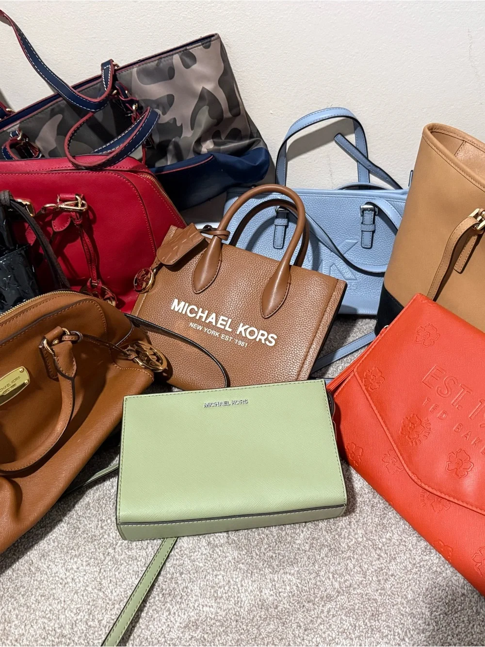 Michael Kors Tan Pebbled Logo Satchel with Green Crossbody Accent